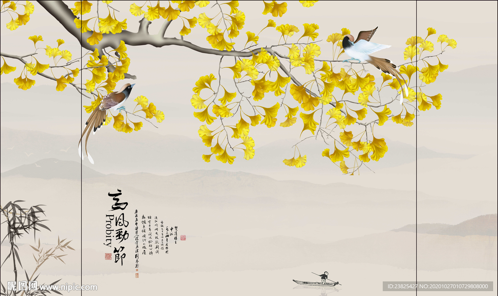 新中式手绘工笔花鸟电视背景墙