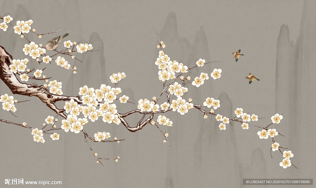 新中式手绘梅花山水电视背景墙