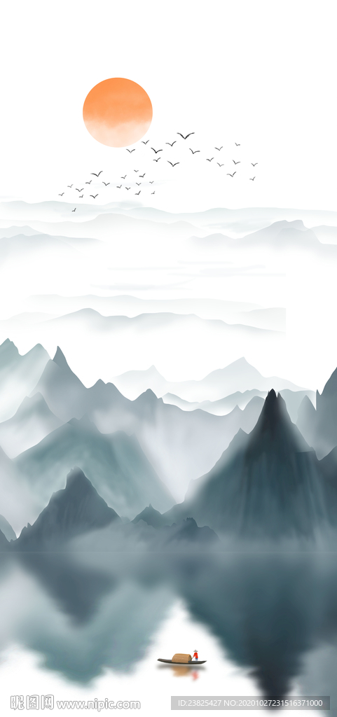 新中式抽象水墨山水玄关背景墙