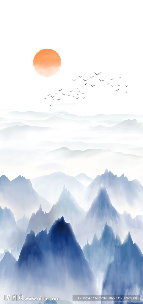 新中式手绘水墨山水玄关背景墙