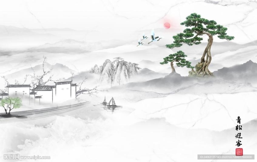 新中式爵士白青松迎客电视背景墙