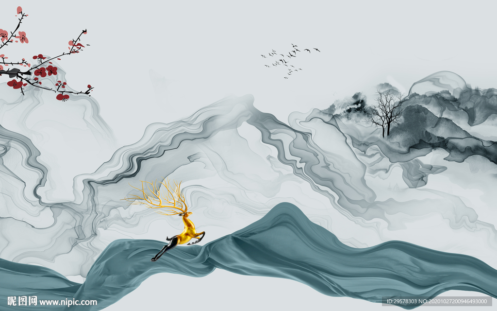 新中式山水高清背景 TIF分层