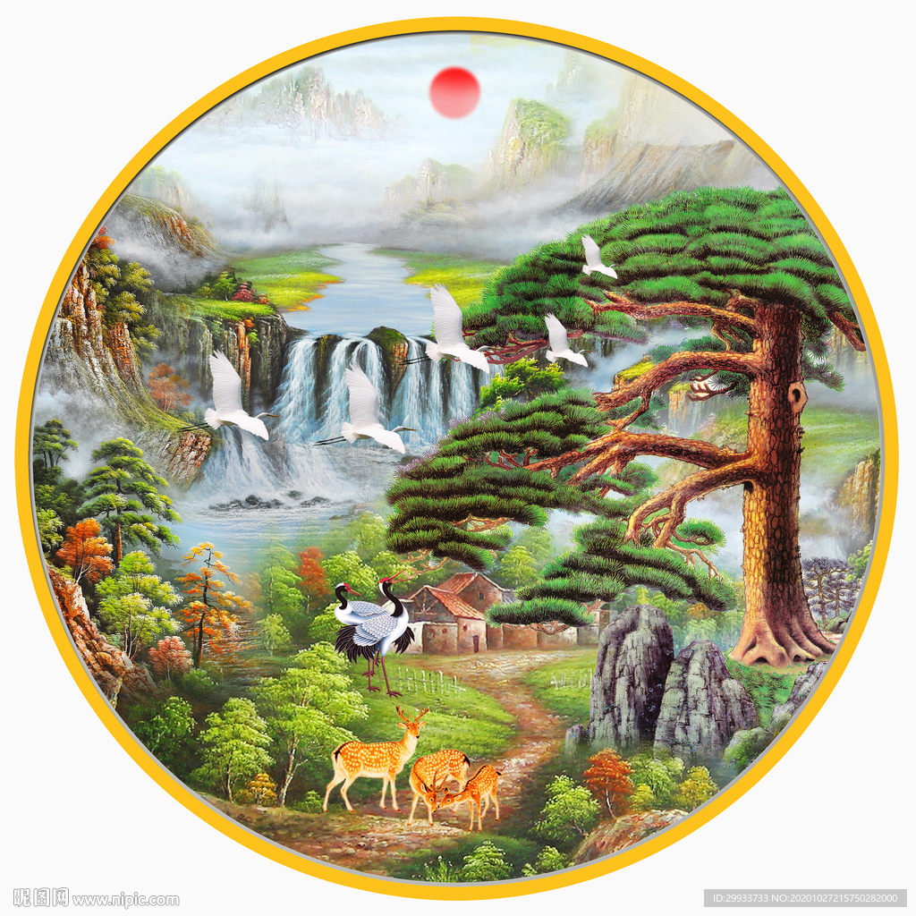 迎客松山水瀑布装饰画