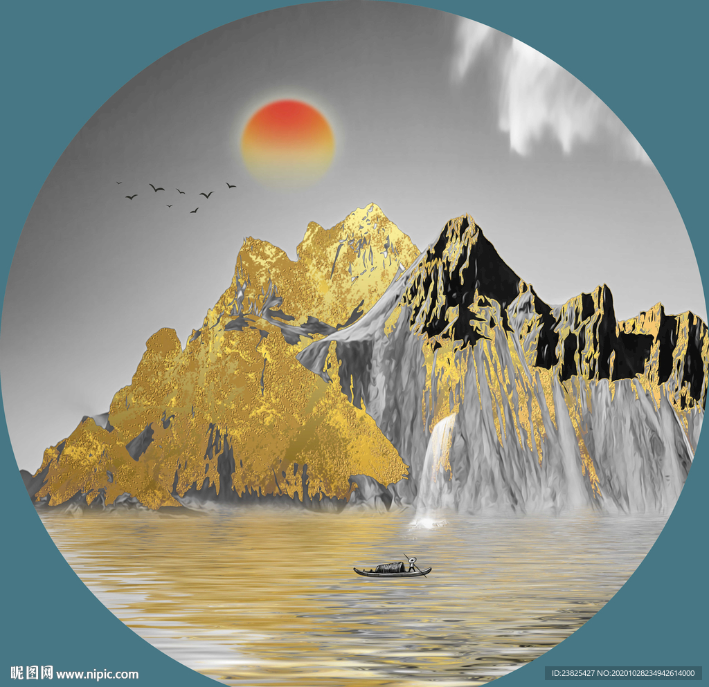 新中式抽象水墨山水意境圆形装饰