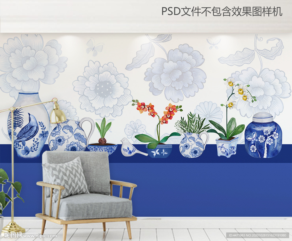 手绘中式青花瓷背景墙