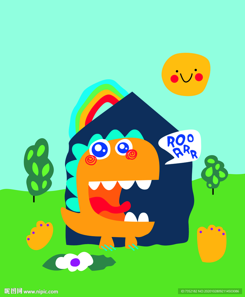 卡通 房子 恐龙 草地 太阳