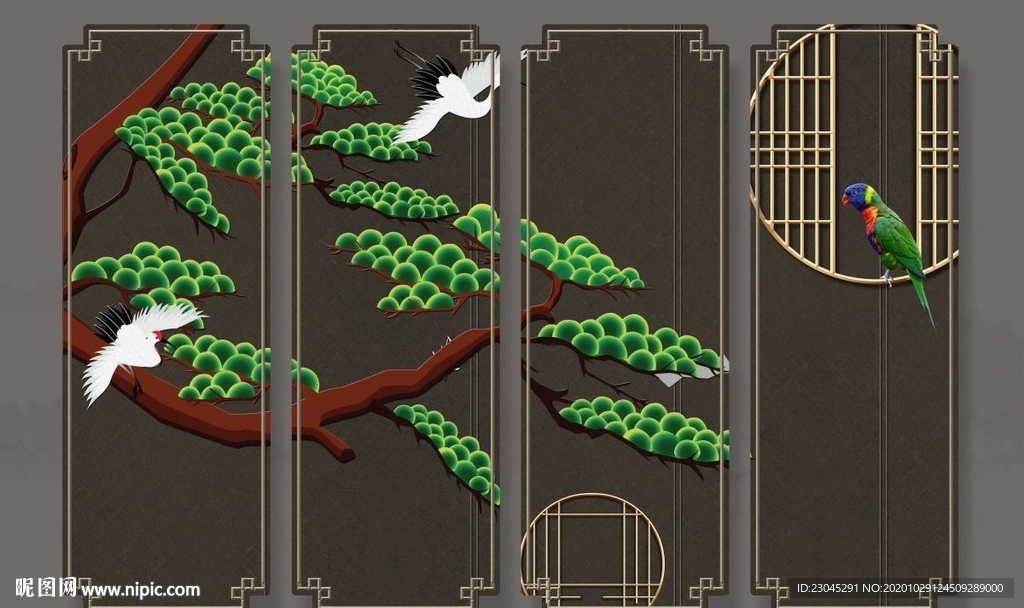 丹顶鹤迎客松电视背景墙