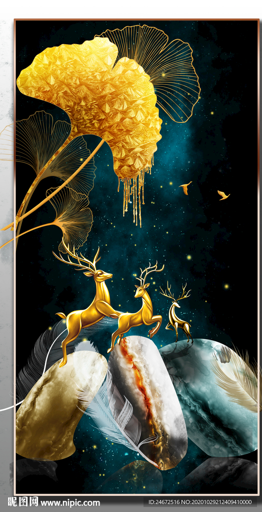 麋鹿 银杏叶 石来运转玄关画