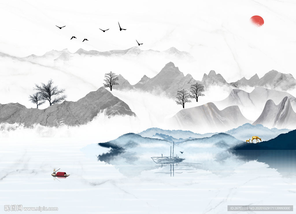 新款爆款山水画抽象意境电视背景