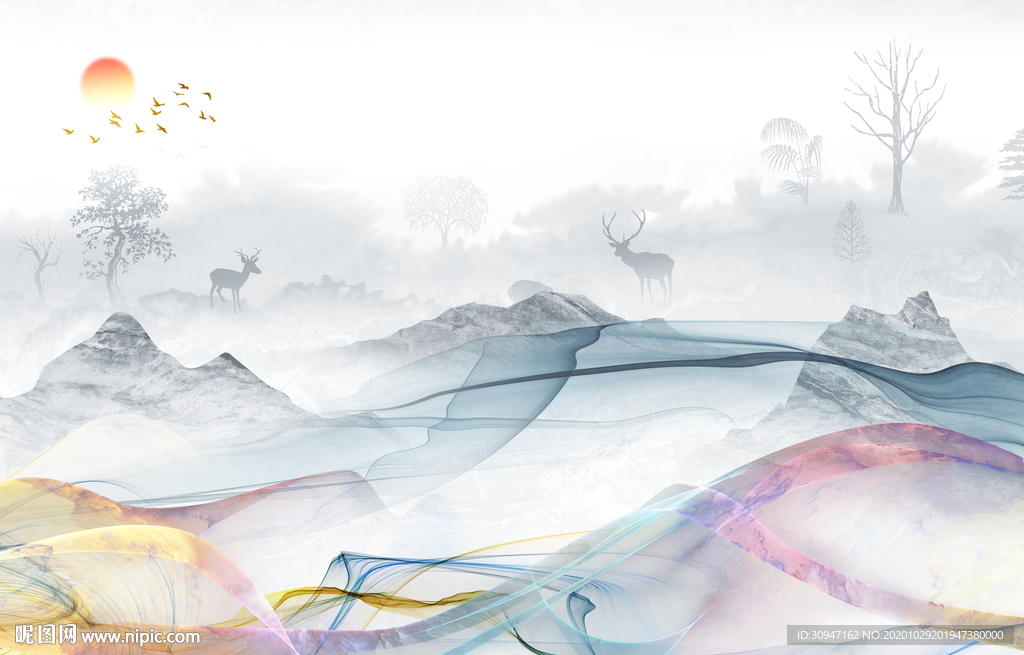 高清 轻奢山水画 TIF分层