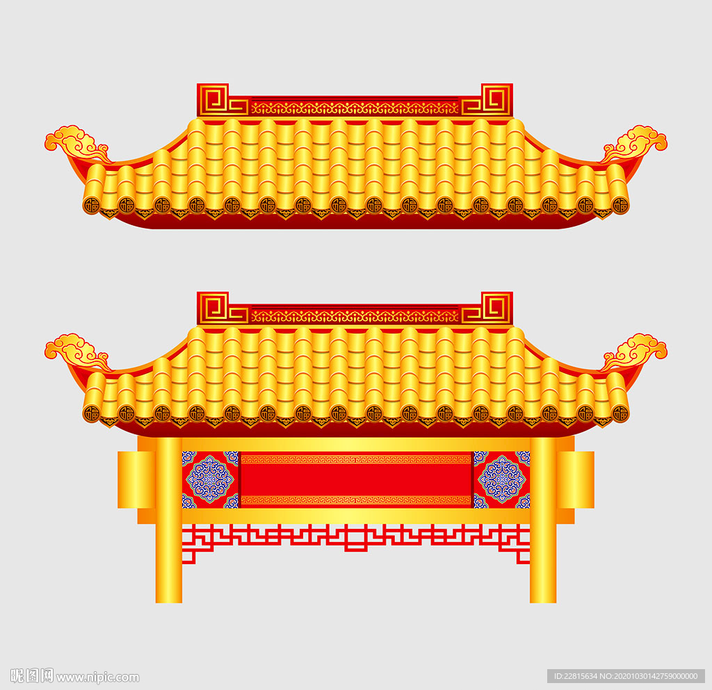 逼真矢量国潮风中式门头牌坊屋檐
