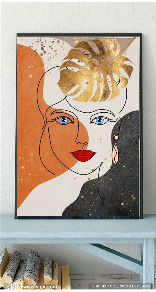 现代北欧风抽金色植物美女装饰画