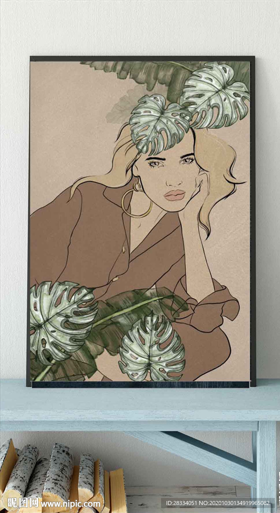 现代北欧风美女植物玄关装饰画