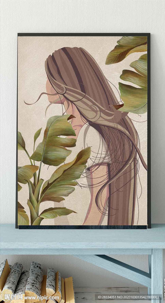 现代北欧风美女植物玄关装饰画