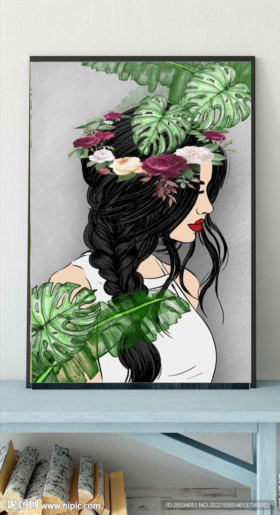 现代北欧风美女植物玄关装饰画