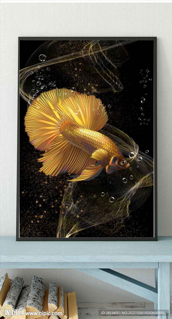 现代北欧风金色金龙鱼玄关装饰画