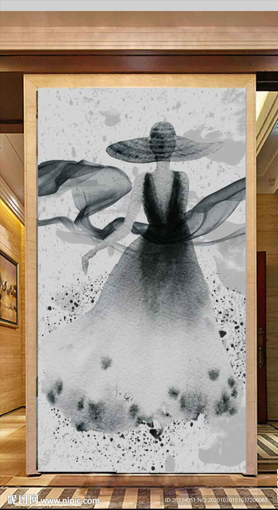 现代风水墨帽子美女玄关装饰画