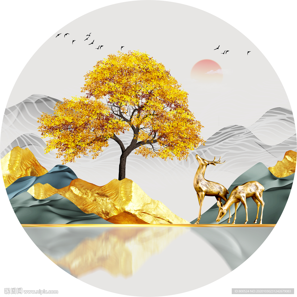 圆形金色山水麋鹿装饰画