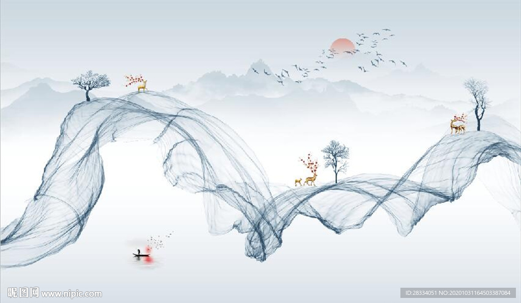 新中式大理石飘带麋鹿山水背景墙