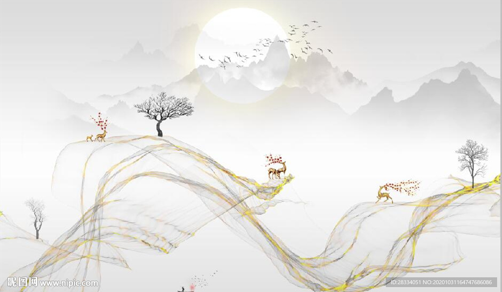 新中式大理石飘带麋鹿山水背景墙