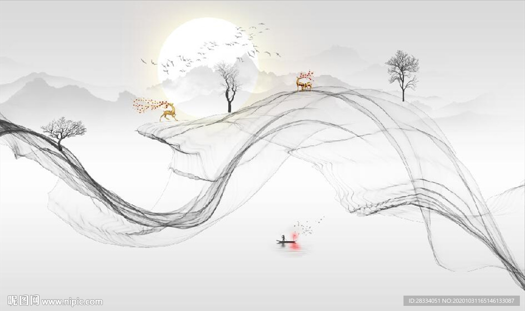 新中式大理石飘带麋鹿山水背景墙