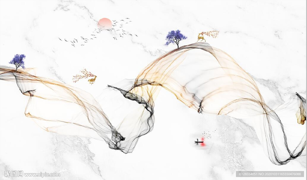 新中式大理石飘带麋鹿山水背景墙