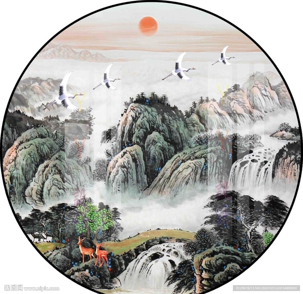 新中式圆形装饰画水墨山水画图片
