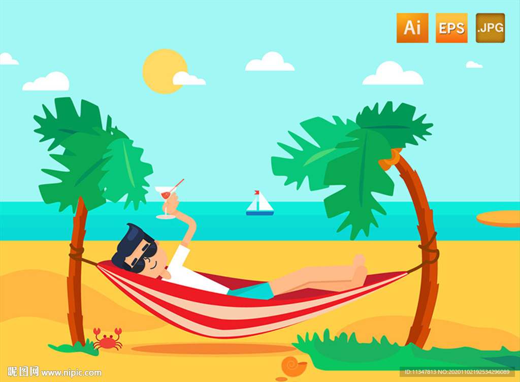 度假和旅行的概念。沙滩伞，沙滩椅插画图片素材_ID:305419046-Veer图库