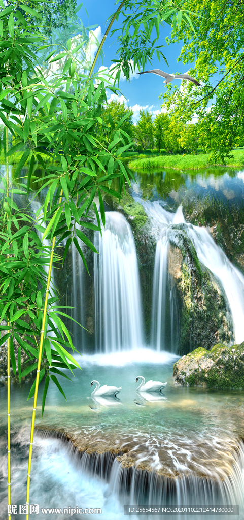 自然清新唯美瀑布流水生财玄关