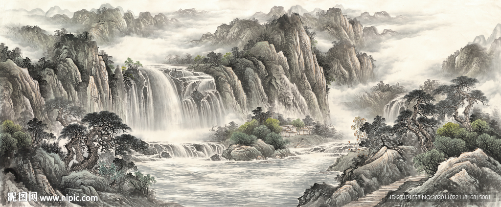 新中式国画江山如画山水画背景墙