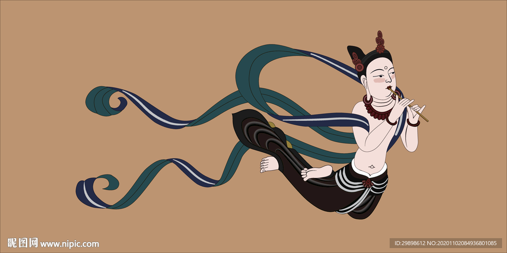 敦煌莫高窟壁画晚唐乐队吹萧飞天