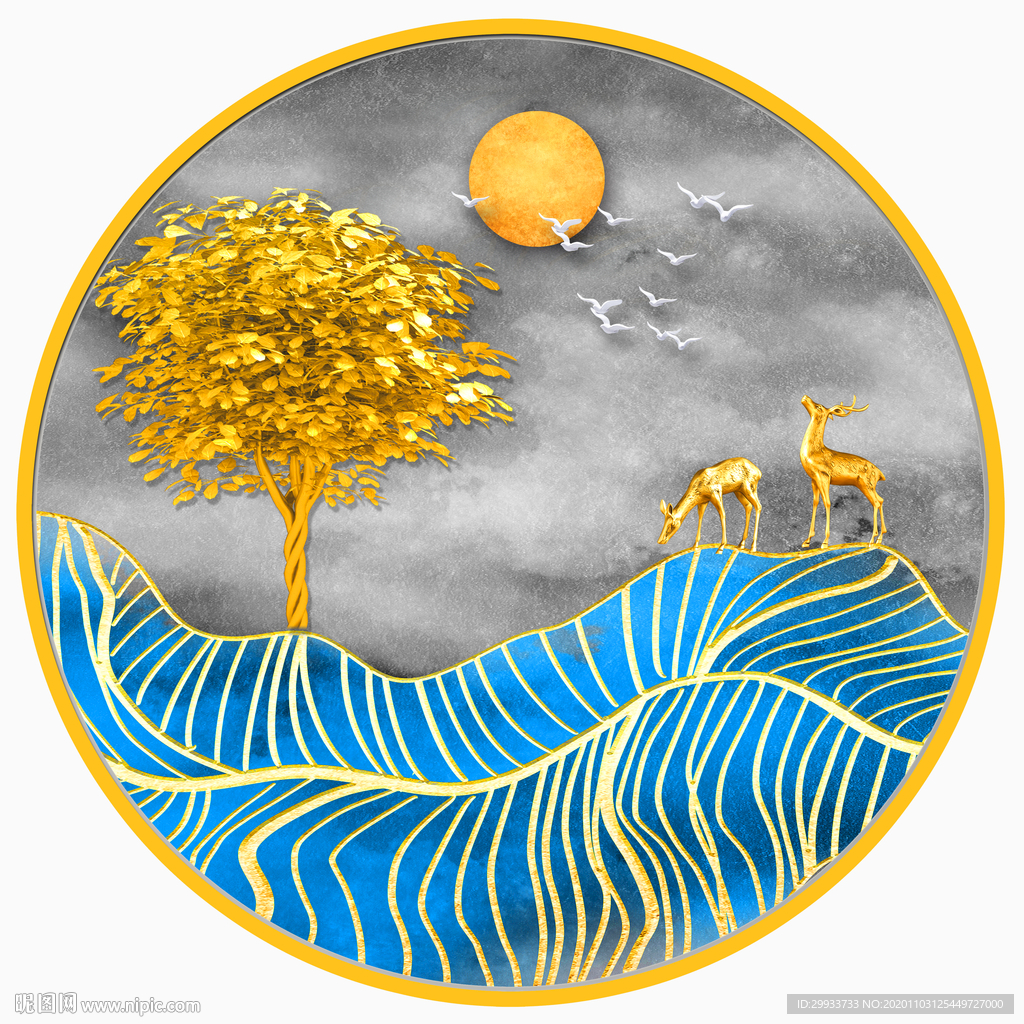 新中式麋鹿发财树装饰画