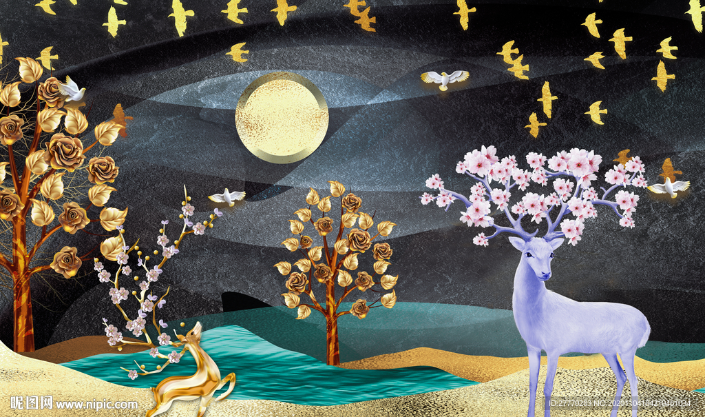 立体发财树麋鹿背景墙