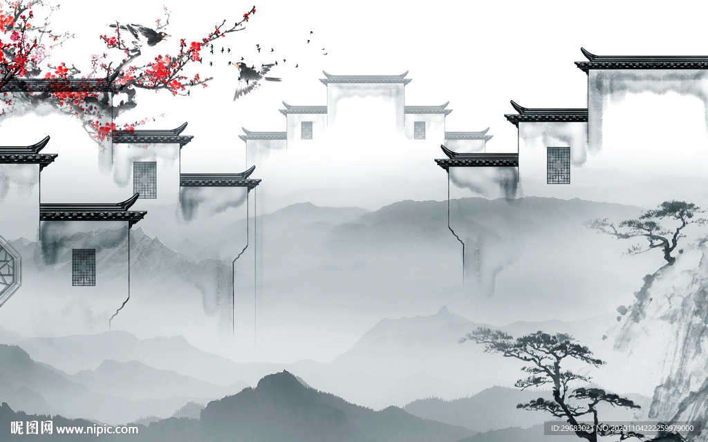 徽派背景新山水画 tif分层