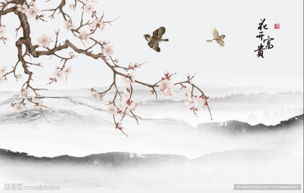 新中式水墨山水花开富贵背景墙