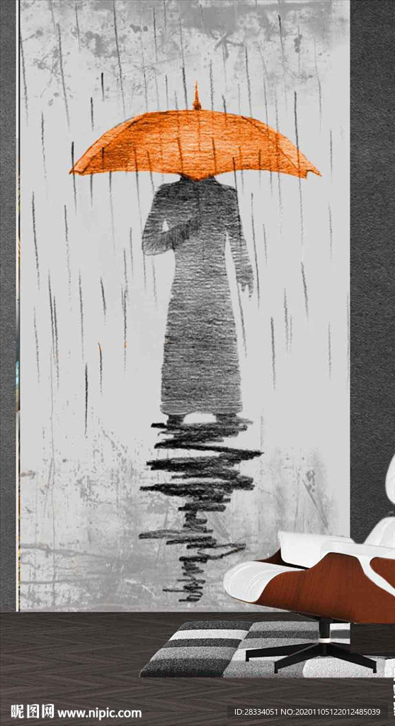 现代爱马仕水墨雨中人玄关装饰画