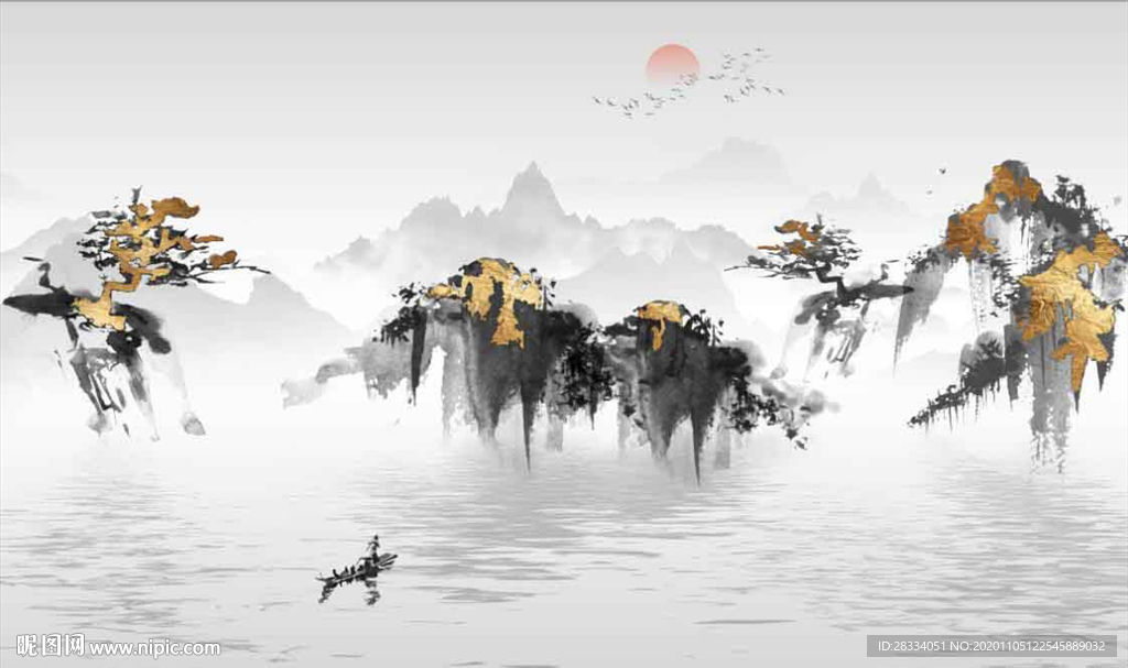 新中式金色水墨山水电视背景墙