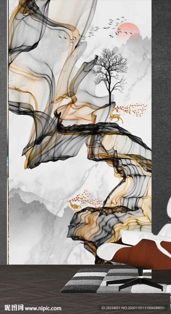 新中式抽象麋鹿山水玄关装饰画