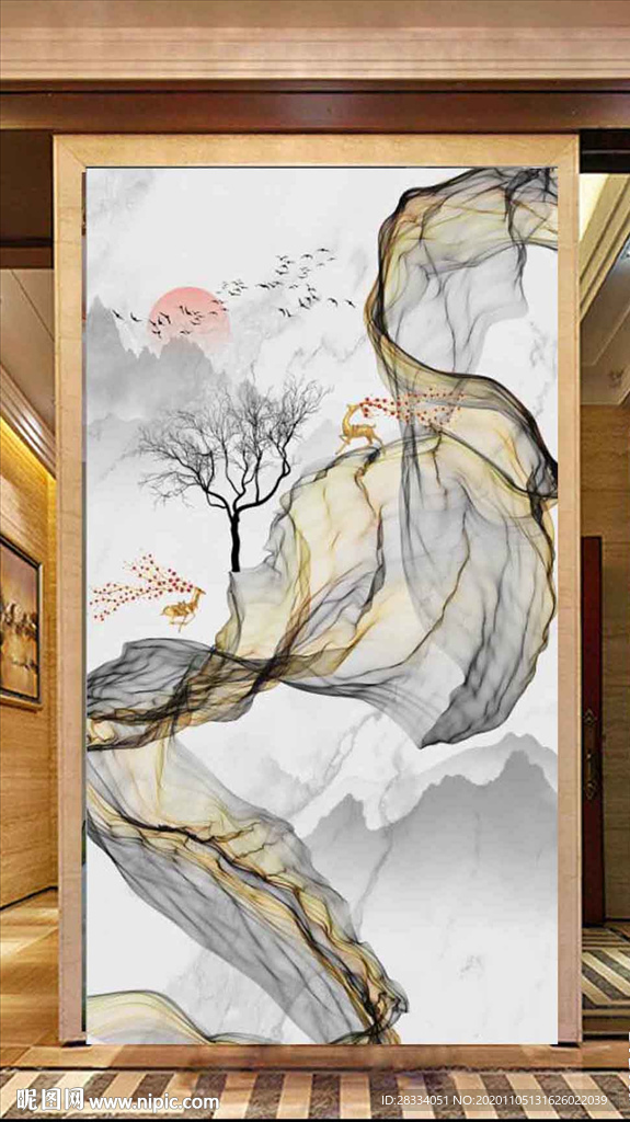 新中式抽象麋鹿山水玄关装饰画