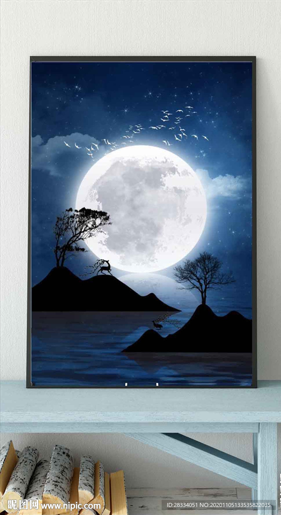 新中式蓝色麋鹿山水玄关装饰画