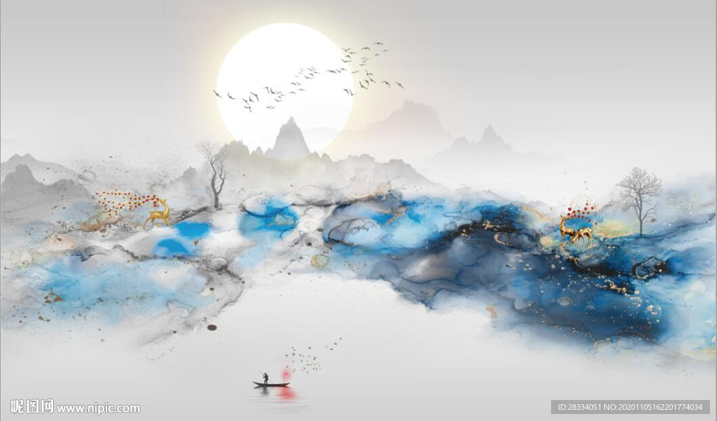 新中式青色水墨山水风景电视背景