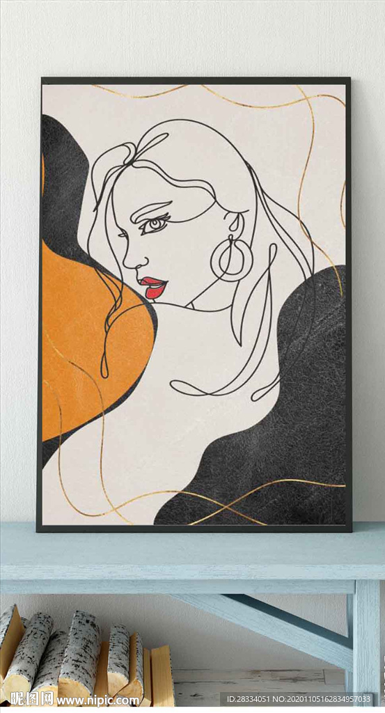 现代北欧风抽金色植物美女装饰画