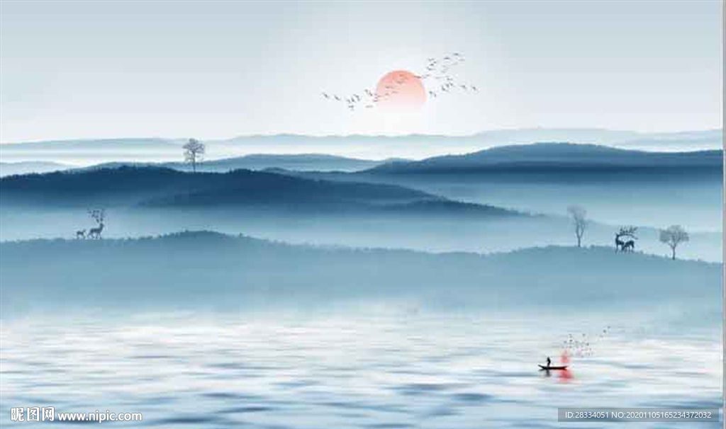 新中式青色水墨山水风景电视背景