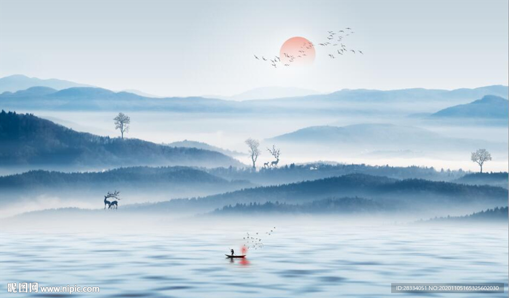 新中式青色水墨山水风景电视背景