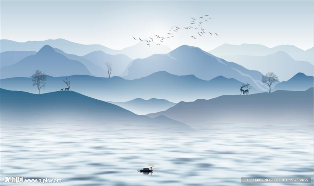 新中式青色水墨山水风景电视背景