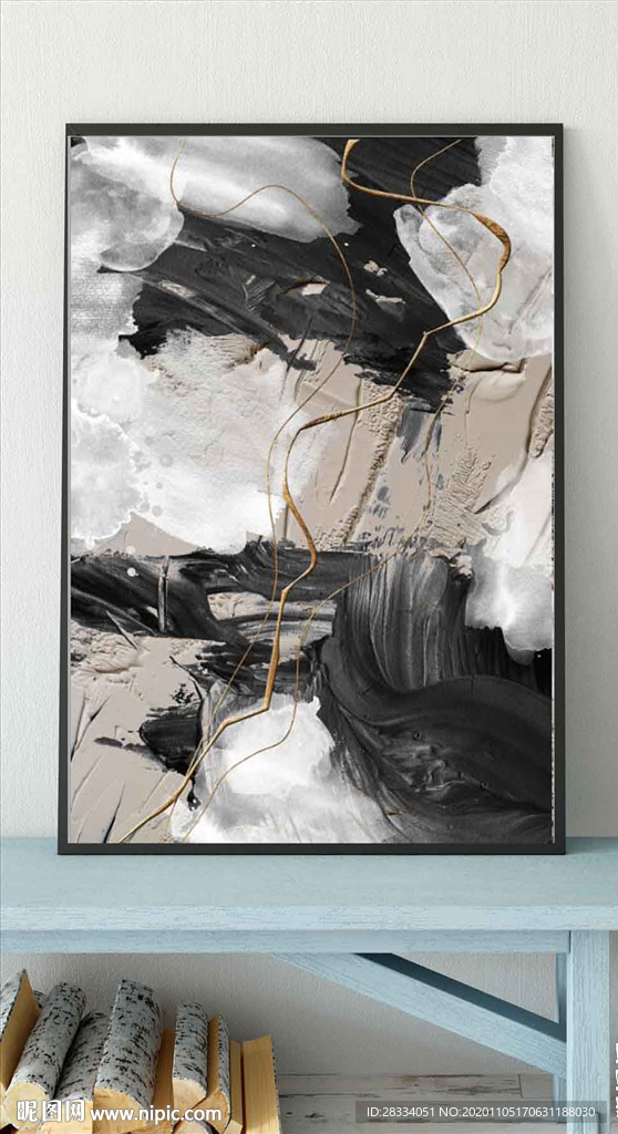 现代抽象黑白肌理油画玄关装饰画