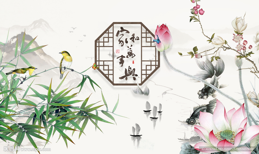 现代新中式花鸟背景墙