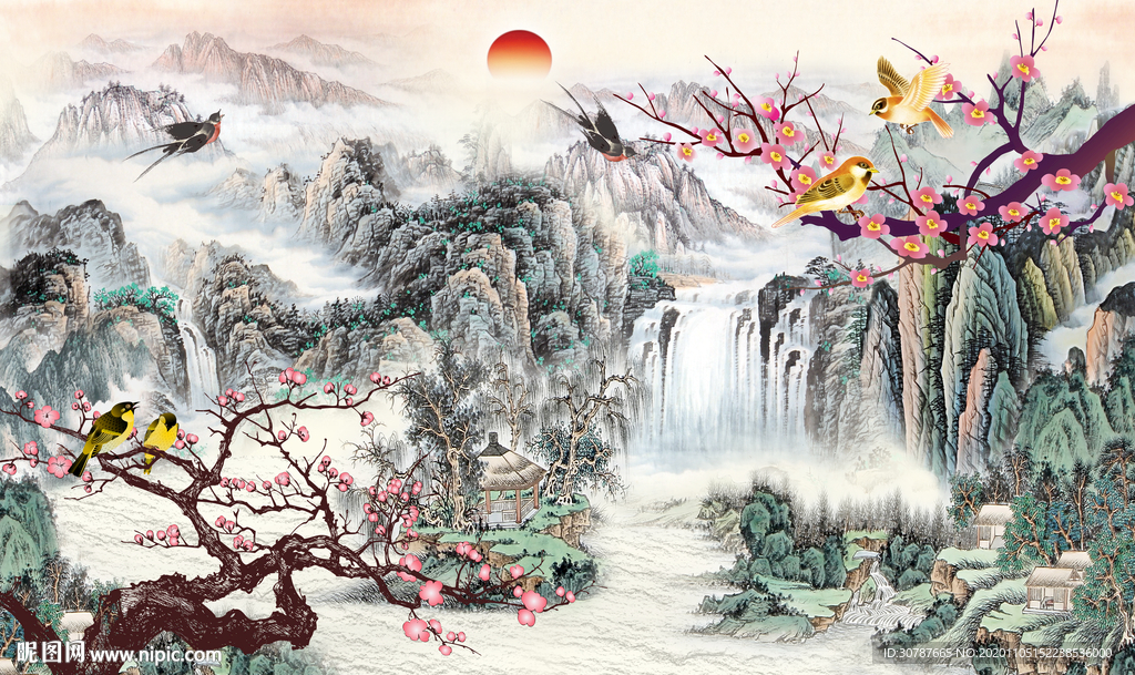 现代新中式山水背景墙