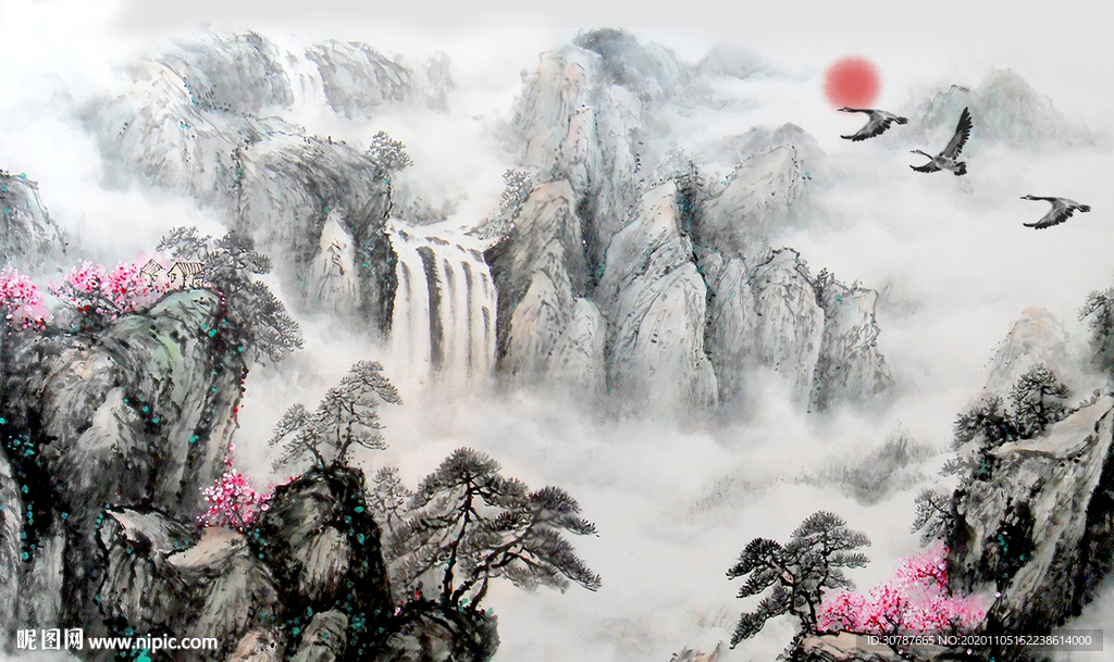 现代新中式山水背景墙