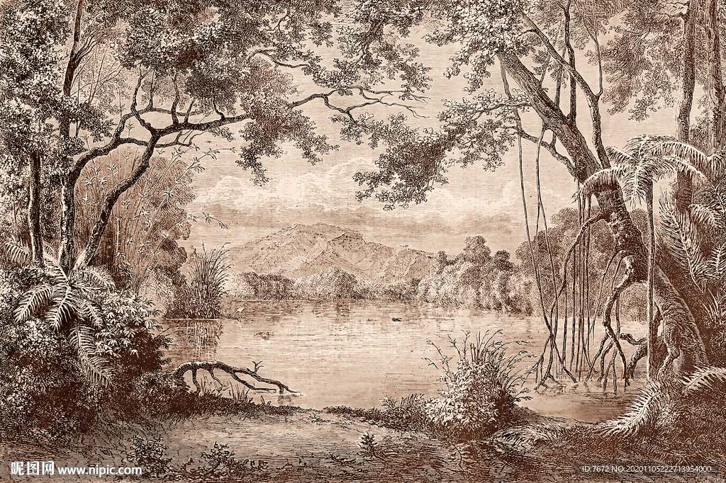 欧式复古椰树树林手绘